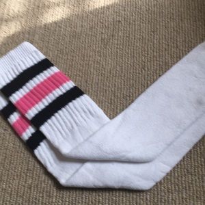 White Tube Socks with Black and Pink Stripes